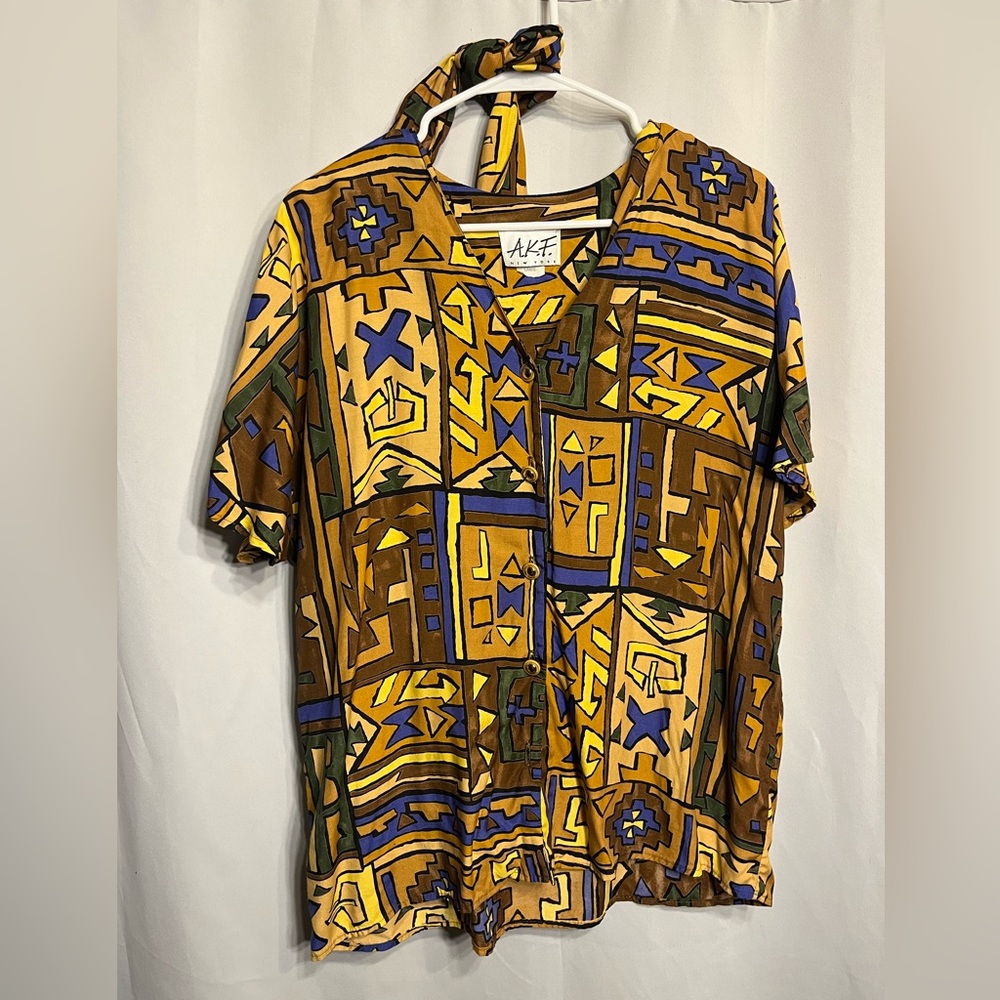 Vintage A.K.F New York Button Down Top Colorful With Scarf Size Large